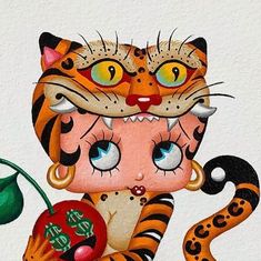 a painting of a tiger holding a red apple