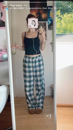 Plaid pyjamas, tank top, clean girl aesthetic Camping Pajamas Aesthetic, Plaid Pjs Outfit, Clean Girl Pjs, Plaid Pajama Pants Outfits Aesthetic, Pajamas Day At School, Outfits With Pj Pants, Aesthetic Pyjamas Outfit, Plaid Pj Pants Outfit, Pajamas Aesthetic Girl