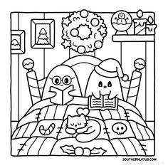 a coloring page for children with an image of a bed and some animals in it