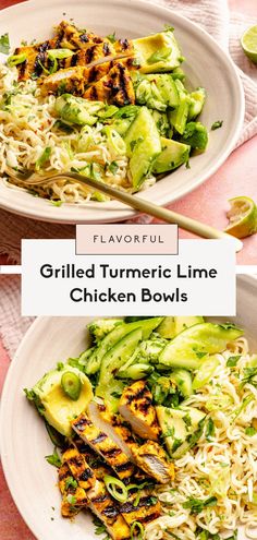 grilled turmic lime chicken bowls with lemon wedges