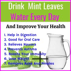 a poster with the words drink mint leaves water every day and to improve your health