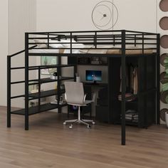 a loft bed with desk underneath it in an office space next to a wall mounted clock