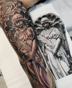 a man with a tattoo on his arm next to an image of the virgin mary and jesus