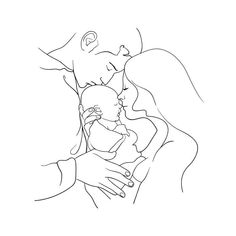 a line drawing of a woman holding a baby in her arms and kissing the man's cheek