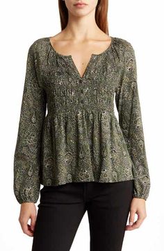 Renee C V-neck Tie-sleeve Blouse | Nordstromrack Fall V-neck Ruched Smocked Top, Fall V-neck Top With Gathered Sleeves, Casual V-neck Peasant Top With Smocked Bodice, Long Sleeve Smocked Top For Fall, Fall Long Sleeve Smocked Top, Chic Rayon Tops With 3/4 Sleeve, Casual Split Neck Top With Blouson Sleeves, Relaxed Fit Smocked Top For Fall, Fall V-neck Tops For Casual Gatherings