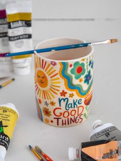 Painter's Cup|Make Good Things-view 1 Paint Mugs Diy, Clay Mug Painting, Cups Designs Ideas, Ceramic Mug Painting Ideas, Ceramic Mug Painting, Painting On Ceramics, Cup Painting Ideas, Painting Cups, Ceramic Art Mug