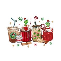 the grin's christmas mugs are decorated with candy, cookies and candies