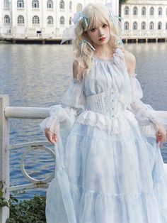 Price for a corset belt only.   	 		 			Size 			S 			M 			L 		 		 			Full Length 			8-19 			8-19 			8-19 		 		 			Waist 			34 			36.5 			39 Blue Princesscore Dress With Ruffles, Pale Blue Dress, Dress One Piece, Sea Princess, Blue Fairy Kei Dress With Ruffles, Pale Blue Dresses, Resort Dress, Halter Neck Dress, Steampunk Fashion Male