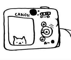 a black and white drawing of a microwave oven with a cat on it's face