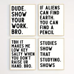 four black and white posters with words on them