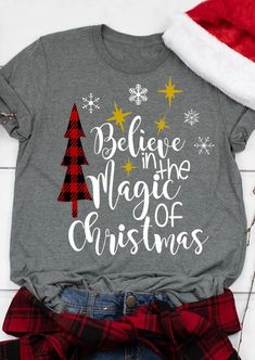 Plaid "Believe In The Magic Of Christmas" T-Shirt - Gray Christmas Tee Shirts, Believe In The Magic, Dad Shirts, Christmas Tops, The Magic Of Christmas, Magic Of Christmas, Vinyl Shirts, V Neck Tank Top