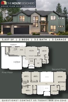 two story house plan with 3 car garage and three bedroom, 2 bathroom, 1 living room