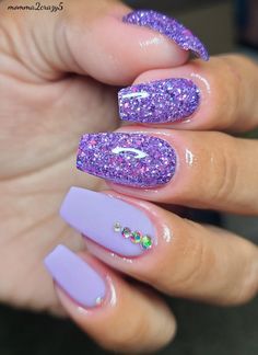 Purple Nail Designs Wedding, Purple Shine Nails, Pink Purple Glitter Nails, Sparkly Purple Nail Designs, Birthday Sparkly Nails, Purple Glitter Tip Nails, Purple And Pink Valentine Nails, Purple Nails With Glitter Accent, Nails With Sparkle Design