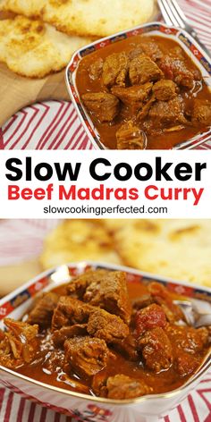 slow cooker beef madara curry in a bowl with bread on the side