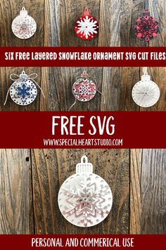 six free svg snowflake ornaments with text overlay that reads, personal and commercial use