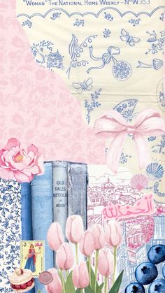 a painting of flowers, books and other items on a table with a pink background