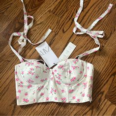 New With Tags Floral Bustier Top With Bow Straps Flower Corset Top, Flower Corset, Bow Straps, Floral Bustier, Top With Bow, Zara White, Bustier Top, Corset Top, Zara Tops