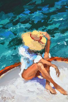 a painting of a woman sitting on a boat in the water wearing a straw hat