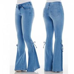 Bow-Tie Bell Bottom Jeans Flaunt your curves with these fashionable Bow-Tie Bell Bottom Jeans! Crafted from a thin and stretchy material. These jeans hug your figure while the bell bottoms flare out. The tie up on the side, just past the knee adds a trendy and stylish flair. These jeans are sure to make heads turn! قلادات متدلية, Elastic Jeans, Vintage Trousers, Decoration Vintage, Vintage Flare, High Waist Fashion, Stretchy Jeans, Boot Cut Denim, Style Streetwear