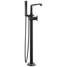 a black shower faucet with thermostaer and hand held spray head