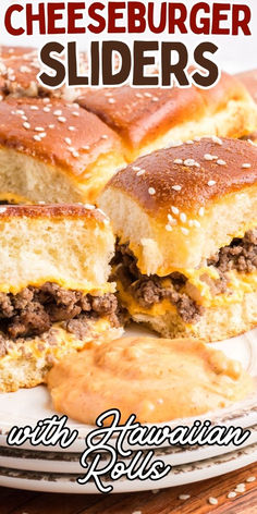 Cheeseburger sliders on a white plate with sauce. Cheese Burger Hawaiian Roll Sliders, Cheese Burger Sliders Hawaiian Rolls, Cheeseburger Sliders Hawaiian Rolls, Easy Cheese Burger Sliders, Sliders Recipes Hawaiian Rolls Easy, Hawaiian Roll Sliders Ground Beef Mini Burgers, Sliders With Hawaiian Rolls, Copycat Big Mac Sauce