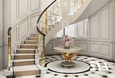 an elegant staircase with chandelier and marble flooring in a white walled room