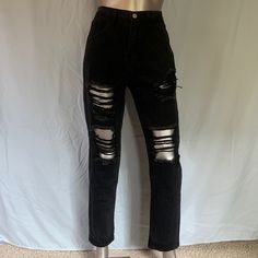 Black Distressed Straight Leg Jeans, Never Worn They Didn’t Fit. Not Much Stretch In The Material Edgy Black Jeans With Holes, Black Ripped Jeans For Night Out, Actor Dr, Cute Mom Jeans, Ripped Black Jeans, Daphne Costume, Danger Days, Distressed Straight Leg Jeans, Black Straight Leg Jeans