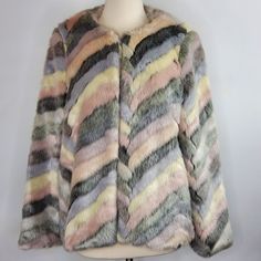 Lost + Wander Faux Fur Jacket. Grey, Cream, Lavender And Pink Chevron Pattern. Satin Lined. Hook And Eye Front Closure. Two Side Pockets. Size Large New With Tags. No Flaws Noted. Armpit To Armpit 24 Inches Length From Shoulder 27 Inches Pink Faux Fur Outerwear For Cold Weather, Multicolor Faux Fur Long Sleeve Outerwear, Multicolor Winter Outerwear With Faux Fur Trim, Multicolor Outerwear With Faux Fur Trim For Winter, Light Pink Jacket, White Faux Fur Jacket, Plaid Trench Coat, Asymmetric Jacket, Kimono Duster