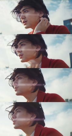 three different shots of a man in a red jacket