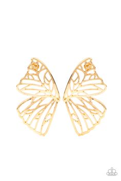 Shimmery gold bars delicately climb scalloped gold frames, coalescing into a whimsical butterfly wing. Earring attaches to a standard post fitting.

 Sold as one pair of double-sided post earrings. Whimsical Butterfly, Hollow Earrings, Big Butterfly, Winter Typ, Butterfly Wing Earrings, Copper Frame, Butterfly Earrings Stud, Butterfly Wing, Stud Jewelry