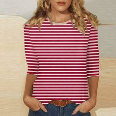 Our store contains many clothing types, rich styles, basic tops, long sleeves, jumpers, sweatshirts, coats, cardigans, sweaters, vests, etc. Welcome to PRORMOOW! Product Description: Gender: Female Season: Spring; Summer Material: Color: Red Size: L Sleeve: 3/4 Sleeve Collar Type: Crew Neck Pattern Style: Stripe Thickness: Standard Style: Fashion, Casual Occasion: Daily Wear; Going out; Work; Holiday; Dating; Shopping; Office; Travel What you get: 1 x Women Tops Size Chart: Size: S Bust: 96cm/37 Casual Red Half Sleeve Tops, Red 3/4 Sleeve Summer Top, Red 3/4 Sleeve Top For Summer, Dressy Blouses, Printed Blouses, Tunic Tops Summer, Ladies Tops Blouses, Summer Tunics, Tunic Tops Casual