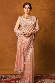 Shop for Osaa by Adarsh Pink Tissue Organza Floral Embroidered Border Saree With Blouse for Women Online at Aza Fashions Baby Pink Saree, Divya Khosla, Desi Wear, Tissue Saree, Border Saree, Embroidered Border, Elegant Saree, Blouse For Women, Pink Saree