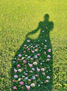 a shadow of a person standing in the grass with flowers on it's side