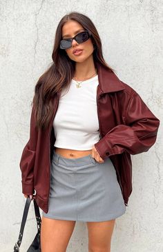 Abbi PU Red Bomber Jacket – Beginning Boutique US Maroon Denim Jacket Outfit, Rock Star Aesthetic Outfit, Going Out Jackets For Women, Florida Outfits Fall, Uk Outfits, Colored Leather Jacket, Maroon Jacket, 2024 Wishlist, Florida Trip