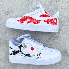 These are 1 of 1 hand-painted customs with acrylic. Item is made and shipped within 1-2 weeks. Dragon Air, Angelus Paint, Custom Sneakers Nike, Air Force One Shoes, Sneakers Drawing, Painted Nikes, Custom Painted Shoes, Custom Shoes Diy, Nike Shoes Air Force