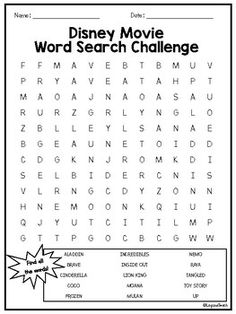 the disney movie word search challenge is shown in black and white with an orange star