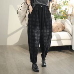 Details: Gender: Women Item Type: Pants Material: Cotton, Corduroy Season: Spring, Autumn Pattern: Plaid Style: Casual, Loose, Retro Waist Type: Elastic Waist Size: One Size Waist: 62.00 - 106.00 cm/ 24.41 - 41.73 " Length: 92.00 cm/ 36.22 " Hip: 130.00 cm/ 51.18 " Bottom: 40.00 cm/ 15.75 " Baggy Corduroy Pants For Winter, Winter Corduroy Tapered Leg Pants, Winter High-waisted Cotton Pants, Winter Corduroy Tapered Leg Bottoms, Black Corduroy Pants For Spring, Black Wide Leg Corduroy Pants, Winter Corduroy Ankle-length Pants, Winter Ankle-length Corduroy Bottoms, Black Corduroy Pants For Winter