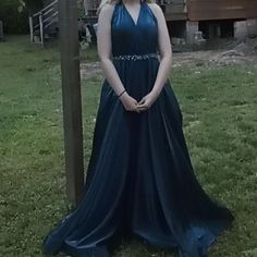 Dark Teal Worn Once Long Halter Top Formal Dress With Bead Attached Belt And Built In Padded Top Dark Teal Color, Padded Top, Dresses Backless, Teal Color, Dark Teal, Teal Colors, Couture Dresses, Formal Dress, Halter Top