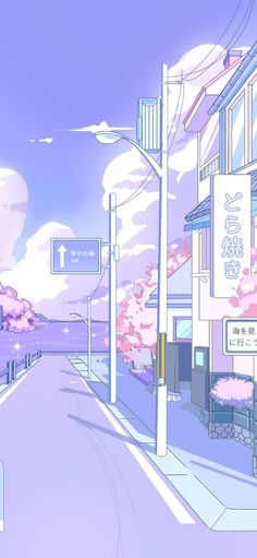 an anime street scene with pink flowers on the trees and clouds in the sky above