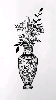 a drawing of a vase with flowers in it