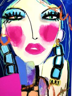 a painting of a woman's face with blue hair and bright pink eyeshadow