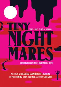 the poster for tiny night mares is shown in pink and black with dripping paint