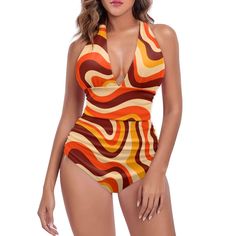 • Retro Swimsuit: Groovy 70s-inspired swimsuit with a vibrant abstract orange and brown stripe pattern. • Orange Stripe Halter Swimsuit: Features a deep V-neckline and a halter style top with an exposed back. • Vintage Style Swimsuit: Made from polyester and spandex for a comfortable and flattering fit. • Tummy Control: Ruched waistline enhances your shape and provides support. • Unique Swimsuit Find: Perfect for bringing back the disco era with a fun and distinctive design. Retro Orange Swimwear For Vacation, Retro Fitted Swimwear For Sunbathing, Retro Halter Neck Fitted Swimwear, Retro Swimwear With Retro Print For Poolside, Retro Print Swimwear For Poolside, Retro Print Swimwear For Beach, Retro Print Swimwear For The Beach, Retro Swimwear For Beach Season, Retro Halter Neck Tankini For Swimming