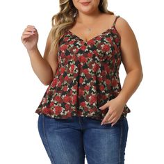 Featuring versatile floral designs, these cami tops are not only stylish but also suitable for outdoor activities like camping. The flowy and comfortable fabric provides ease of movement and breathability, keeping you cool and fresh during your adventures. Customize the fit to your preference with the adjustable straps. Achieve optimal comfort and support while adding a touch of versatility to your outfits. These cami tops adapt to your needs, ensuring a fit every time. With beautiful floral pat Red Floral Print Top With Spaghetti Straps, Red Floral Print Spaghetti Strap Tops, Red Spaghetti Straps Top With Floral Print, Red Floral Print Tops With Spaghetti Straps, Red Floral Print Cami Top, Outfits Floral, Womens Tank Tops Summer, Plus Size Peplum, Tops For Women Casual