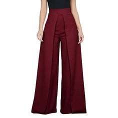 Wine Red Back Zipper Casual Wide Leg Pants Reunion Outfit, Elastic Waist Trousers, Loose Fitting Pants, Split Legs, Casual Wide Leg Pants, Womens Casual, Casual Blazer, Women Pants Casual, Wine Red