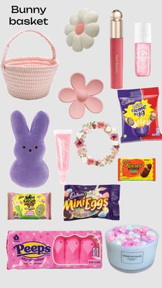 the contents of a bunny basket are shown in pink and white, including soaps, candy