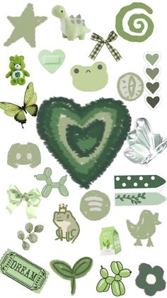 various green and white items are arranged in the shape of a heart, with different shapes