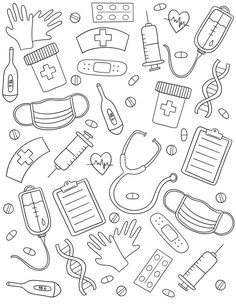 a black and white drawing of medical items