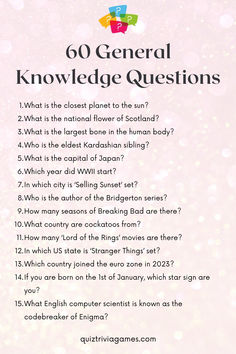 a pink background with the words'60 general knowledge questions '