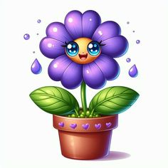 a purple flower with blue eyes sitting in a pot